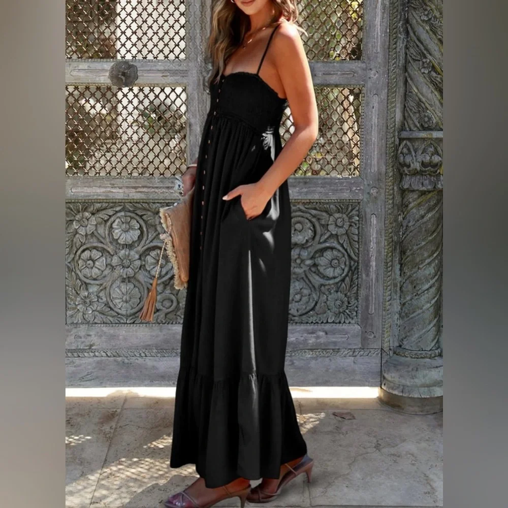 Black Smocked Maxi Dress | Button Front Sundress with Pockets Size M - Picture 3 of 11